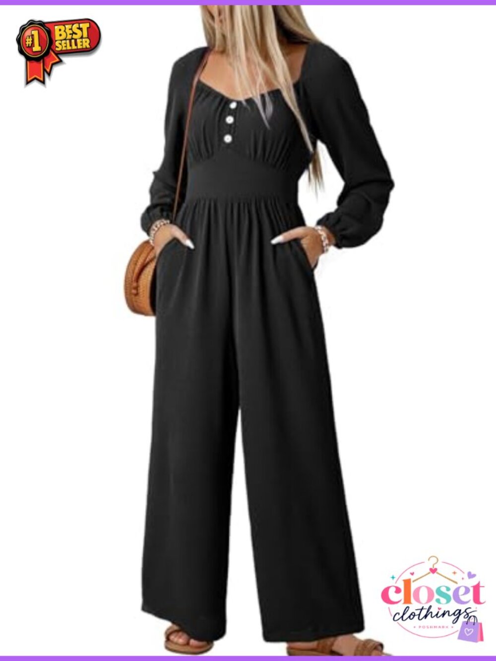 Dokotoo Women's Long Sleeve Square Neck Wide Leg Jumpsuit with Pockets